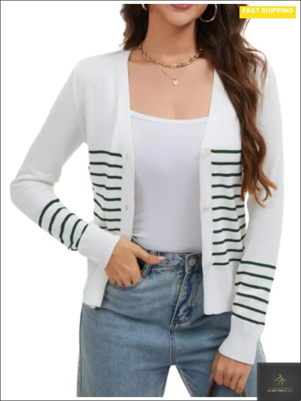 Striped Button Down V-Neck Open Front Long Sleeve Knit Cardigan Sweater
